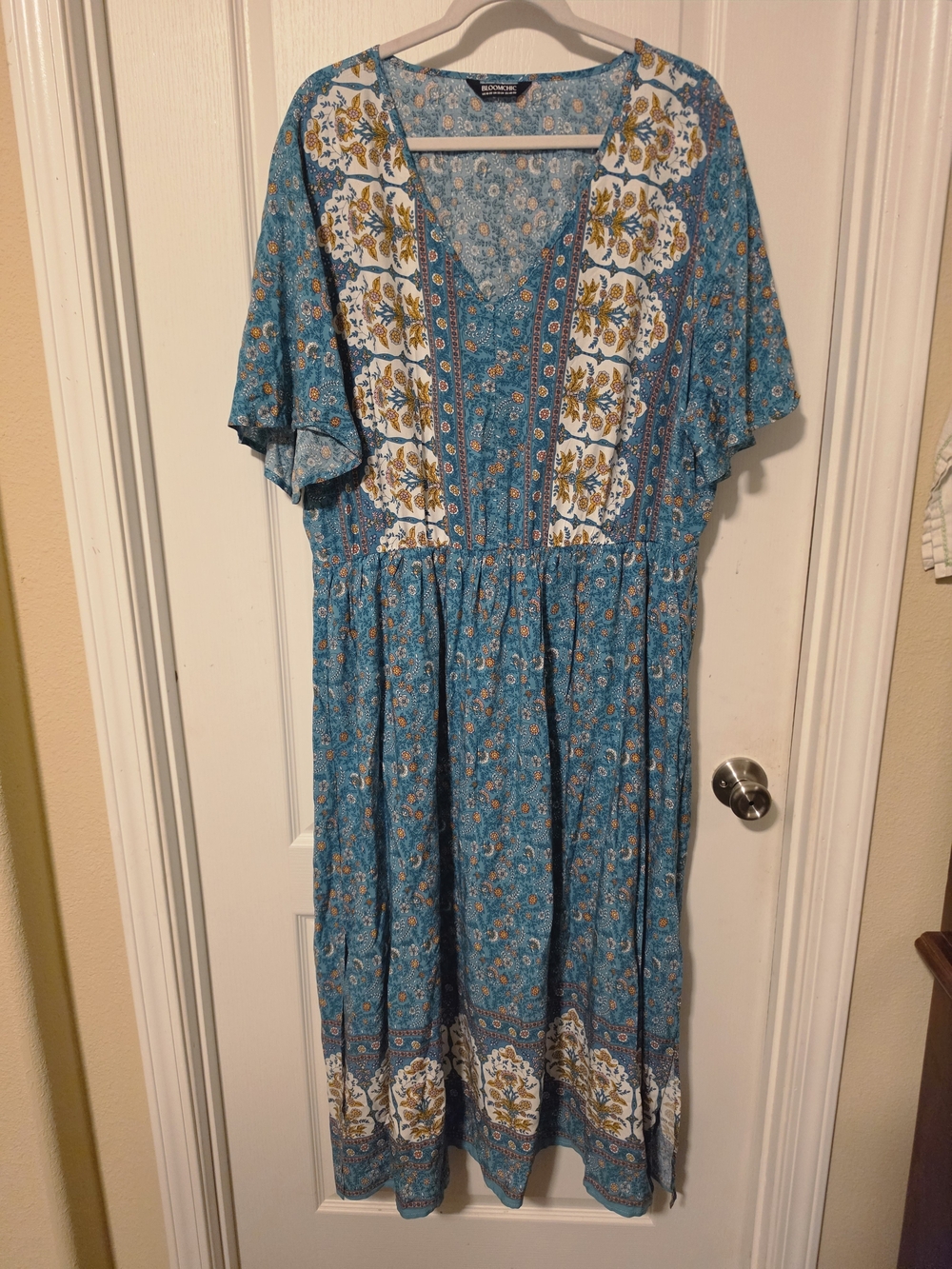 BloomChic Turquoise Floral V-Neck Boho Midi Dress with Cream & Gold Accents